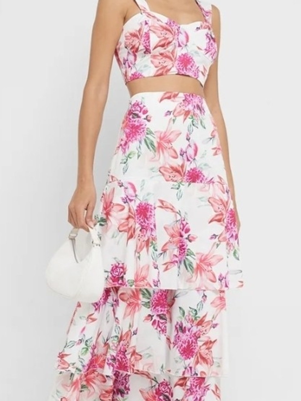 Fashion Nova White Maxi Skirt with Pink Floral Print